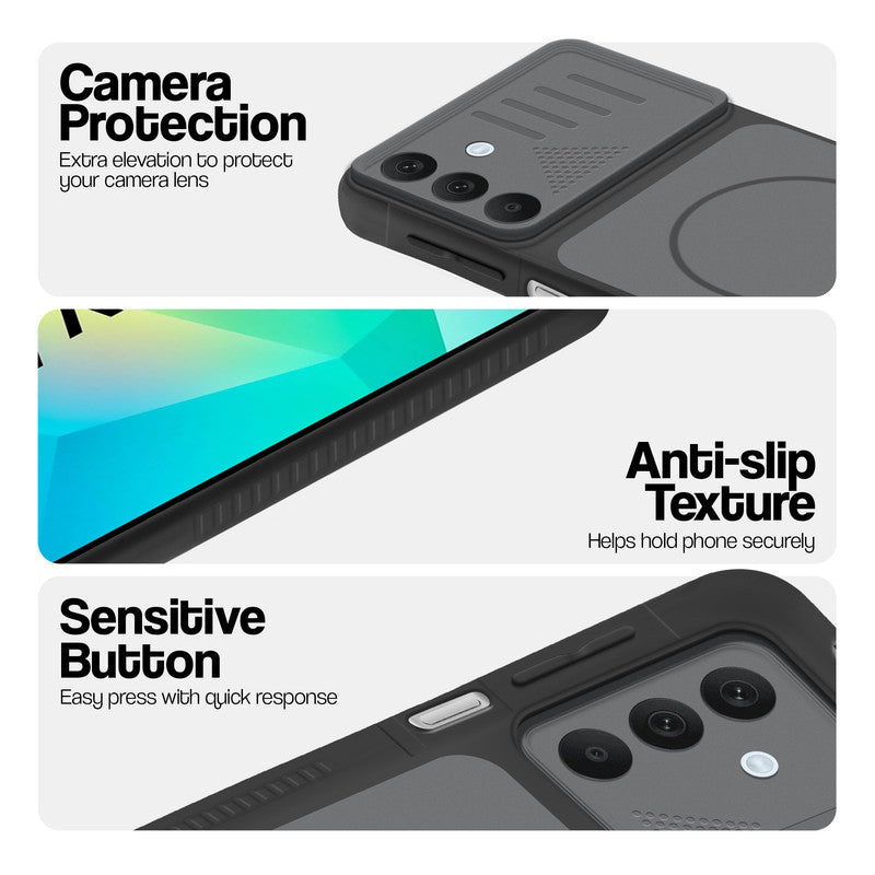 Black phone case for Samsung A16 5G showing camera safety edges, anti slip side grip and easy press button covers.