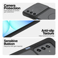 Black phone case for Samsung A17 5G showing camera safety edges, anti slip side grip and easy press button covers.
