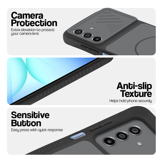 Black phone case for Samsung A17 5G showing camera safety edges, anti slip side grip and easy press button covers.
