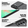 Black phone case for Samsung A26 5G showing camera safety edges, anti slip side grip and easy press button covers.