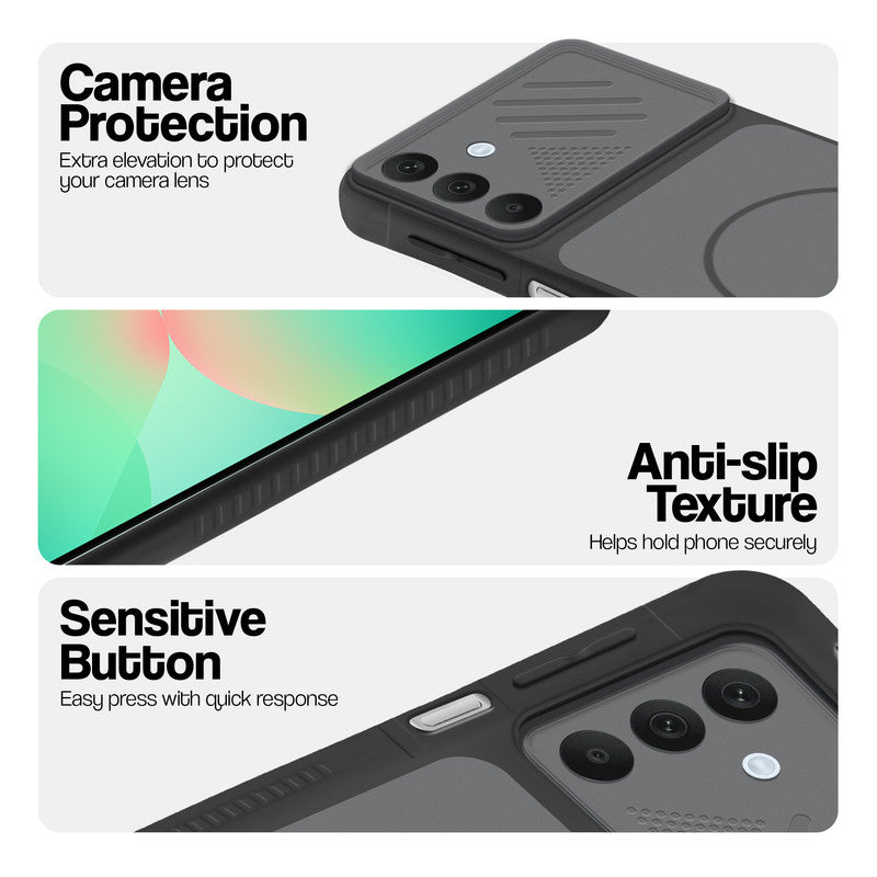 Black phone case for Samsung A26 5G showing camera safety edges, anti slip side grip and easy press button covers.