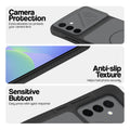 Black phone case for Samsung A36 5G showing camera safety edges, anti slip side grip and easy press button covers.