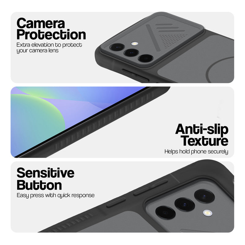 Black phone case for Samsung A36 5G showing camera safety edges, anti slip side grip and easy press button covers.