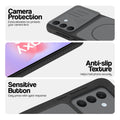 Black phone case for Samsung A37 5G showing camera safety edges, anti slip side grip and easy press button covers.