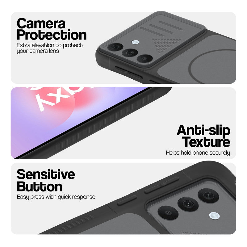 Black phone case for Samsung A37 5G showing camera safety edges, anti slip side grip and easy press button covers.