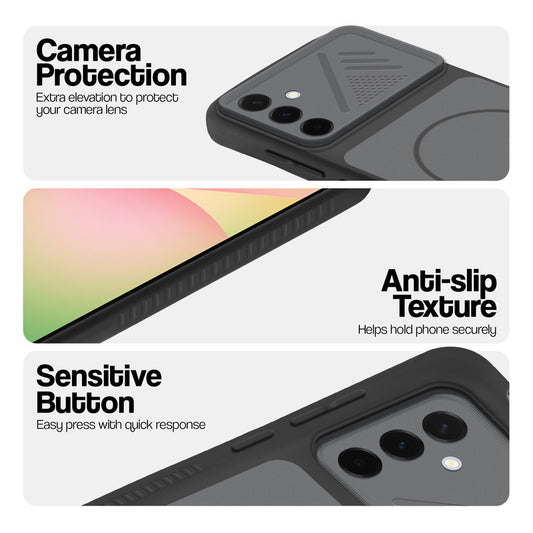 Black phone case for Samsung A56 5G showing camera safety edges, anti slip side grip and easy press button covers.