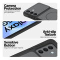 Black phone case for Samsung A57 5G showing camera safety edges, anti slip side grip and easy press button covers.