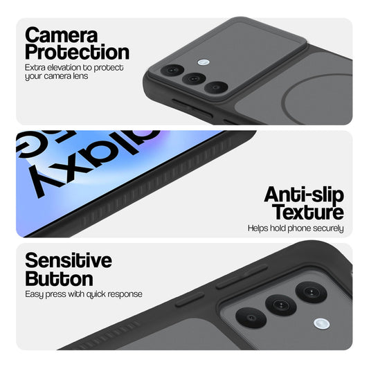 Black phone case for Samsung A57 5G showing camera safety edges, anti slip side grip and easy press button covers.