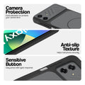Black phone case for Samsung F07 showing camera safety edges, anti slip side grip and easy press button covers.