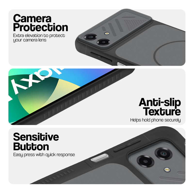 Black phone case for Samsung F07 showing camera safety edges, anti slip side grip and easy press button covers.