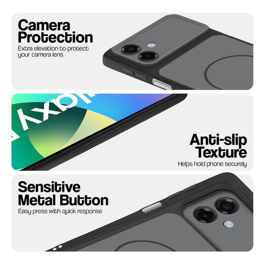 Black Phone case for Samsung F07 highlighting raised camera protection, anti-slip texture, and responsive side buttons