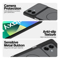 Black Phone case for Samsung F07 highlighting raised camera protection, anti-slip texture, and responsive side buttons