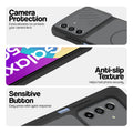 Black phone case for Samsung F17 5G  showing camera safety edges, anti slip side grip and easy press button covers.