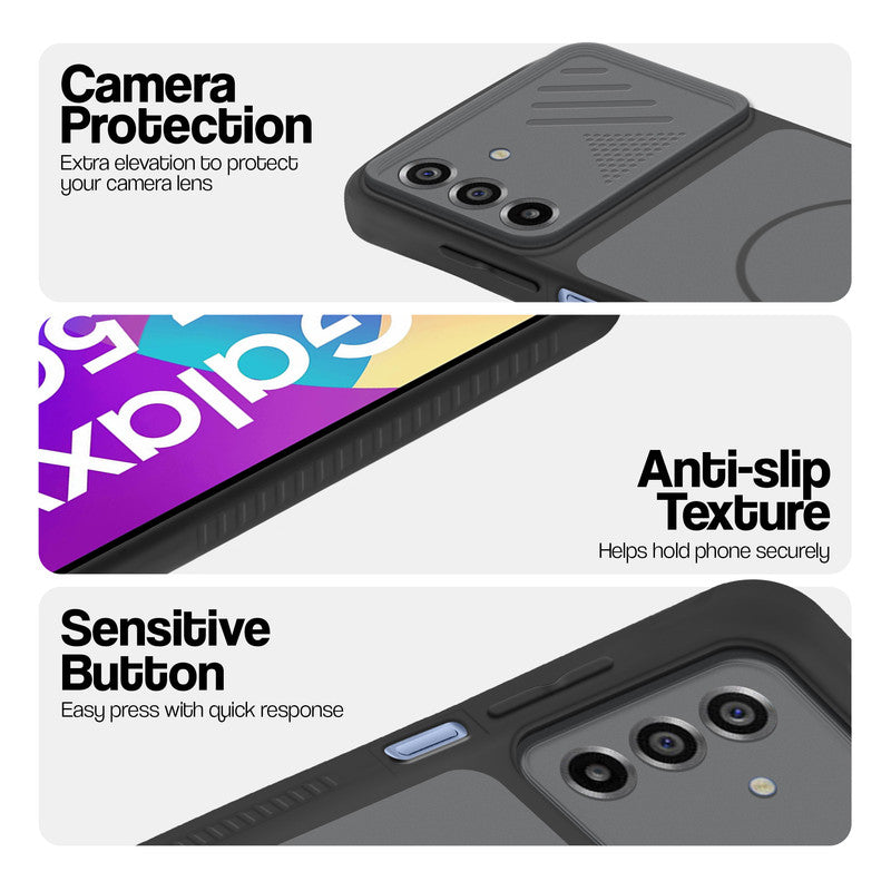 Black phone case for Samsung F17 5G  showing camera safety edges, anti slip side grip and easy press button covers.