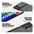 Black Phone case for Samsung F70e 5G highlighting raised camera protection, anti-slip texture, and responsive side buttons