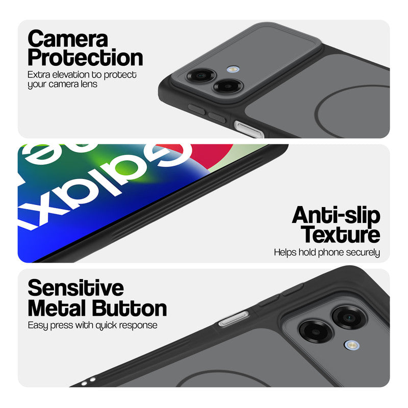 Black Phone case for Samsung F70e 5G highlighting raised camera protection, anti-slip texture, and responsive side buttons