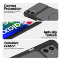 Black phone case for Samsung F70e 5G showing camera safety edges, anti slip side grip and easy press button covers.