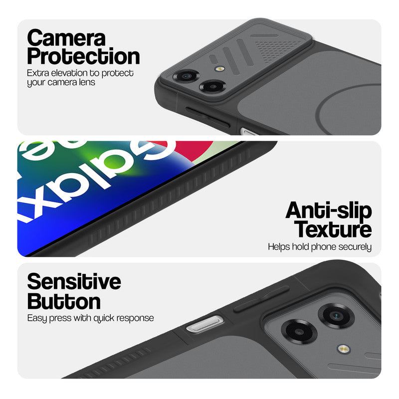 Black phone case for Samsung F70e 5G showing camera safety edges, anti slip side grip and easy press button covers.