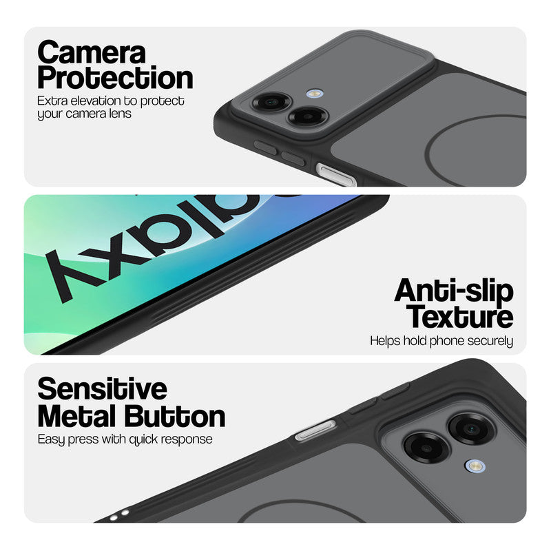 Black Phone case for Samsung M07 highlighting raised camera protection, anti-slip texture, and responsive side buttons
