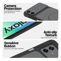 Black phone case for Samsung M07 showing camera safety edges, anti slip side grip and easy press button covers.