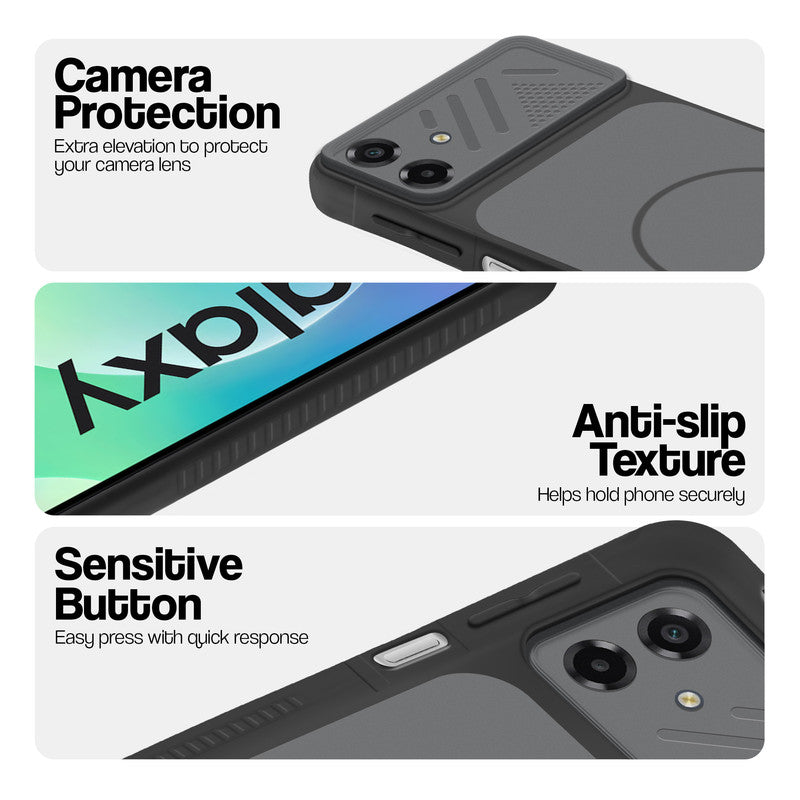 Black phone case for Samsung M07 showing camera safety edges, anti slip side grip and easy press button covers.