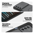 Black phone case forSamsung M17 5G showing camera safety edges, anti slip side grip and easy press button covers.