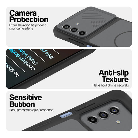 Black phone case forSamsung M17 5G showing camera safety edges, anti slip side grip and easy press button covers.