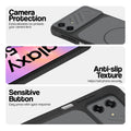 Black phone case for Samsung M17e 5G showing camera safety edges, anti slip side grip and easy press button covers.