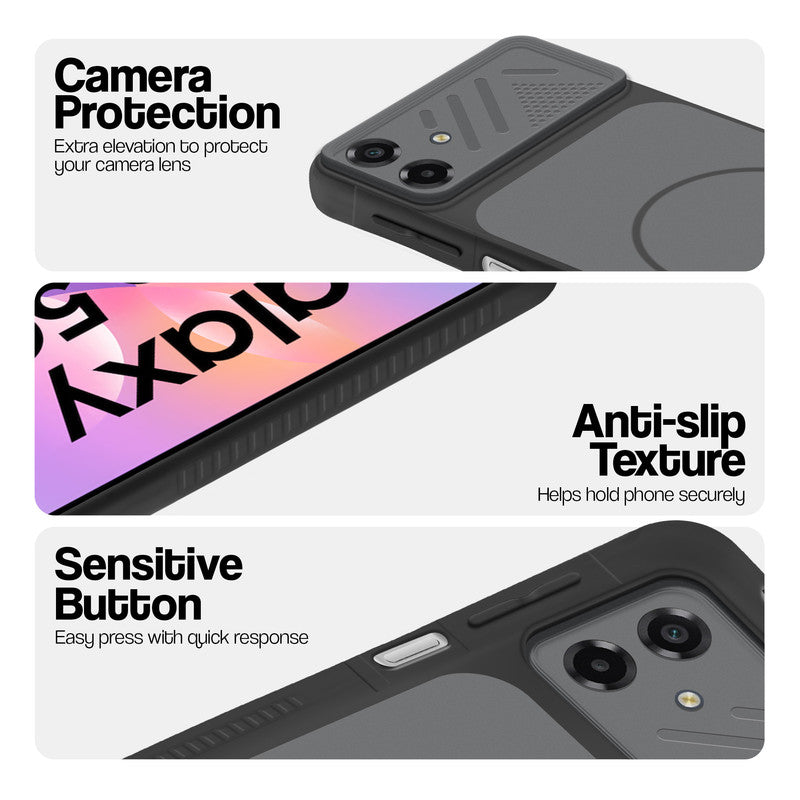 Black phone case for Samsung M17e 5G showing camera safety edges, anti slip side grip and easy press button covers.