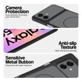 Black Phone case for Samsung M17e 5G highlighting raised camera protection, anti-slip texture, and responsive side buttons