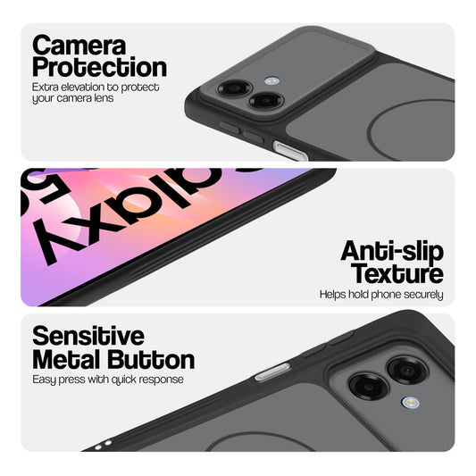 Black Phone case for Samsung M17e 5G highlighting raised camera protection, anti-slip texture, and responsive side buttons