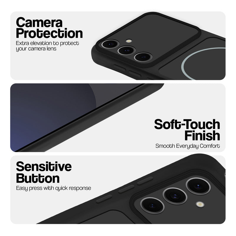 Black phone case for Samsung S24 FE 5G showing camera safety edges, anti slip side grip and easy press button covers.