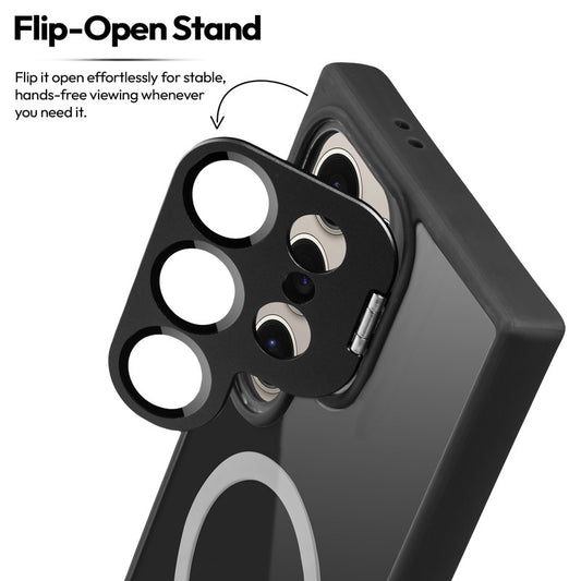 Samsung S24 Ultra 5G Case with MagSafe Compatibility, Flip-Open Camera Cover Stand, Glossy Glass Back & Metallic Buttons