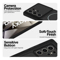 Black phone case for Samsung S24 Ultra 5G showing camera safety edges, anti slip side grip and easy press button covers.