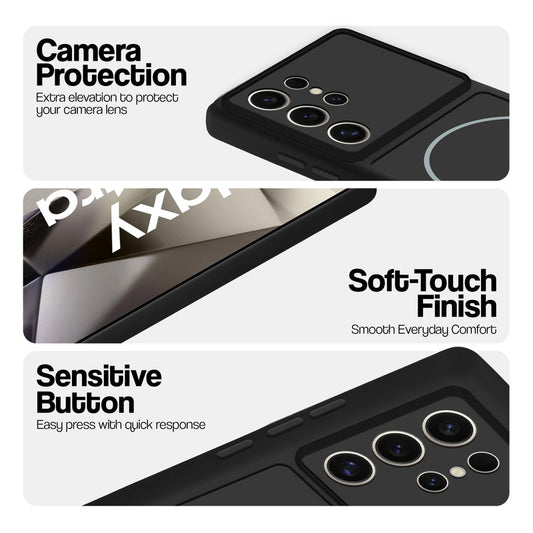 Black phone case for Samsung S24 Ultra 5G showing camera safety edges, anti slip side grip and easy press button covers.