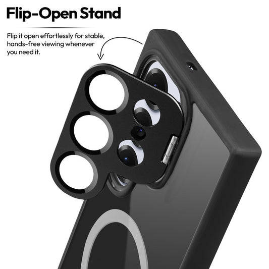 Samsung S25 Ultra 5G Case with MagSafe Compatibility, Flip-Open Camera Cover Stand, Glossy Glass Back & Metallic Buttons