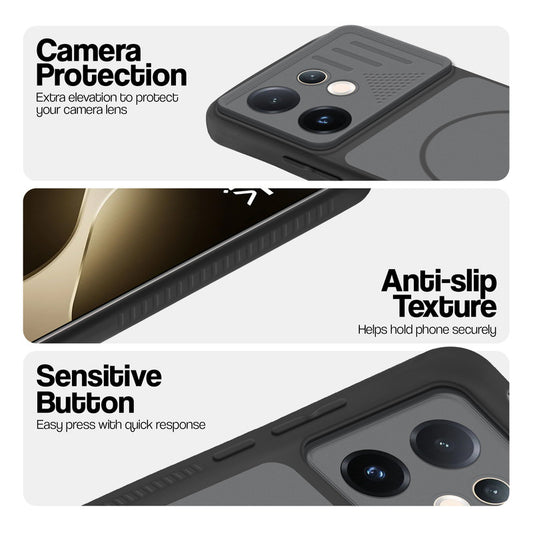 Black phone case for Vivo T4 Pro 5G showing camera safety edges, anti slip side grip and easy press button covers.