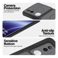 Black phone case for Vivo T4R 5G showing camera safety edges, anti slip side grip and easy press button covers.