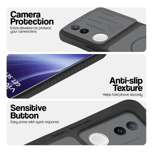 Black phone case for Vivo T4R 5G showing camera safety edges, anti slip side grip and easy press button covers.