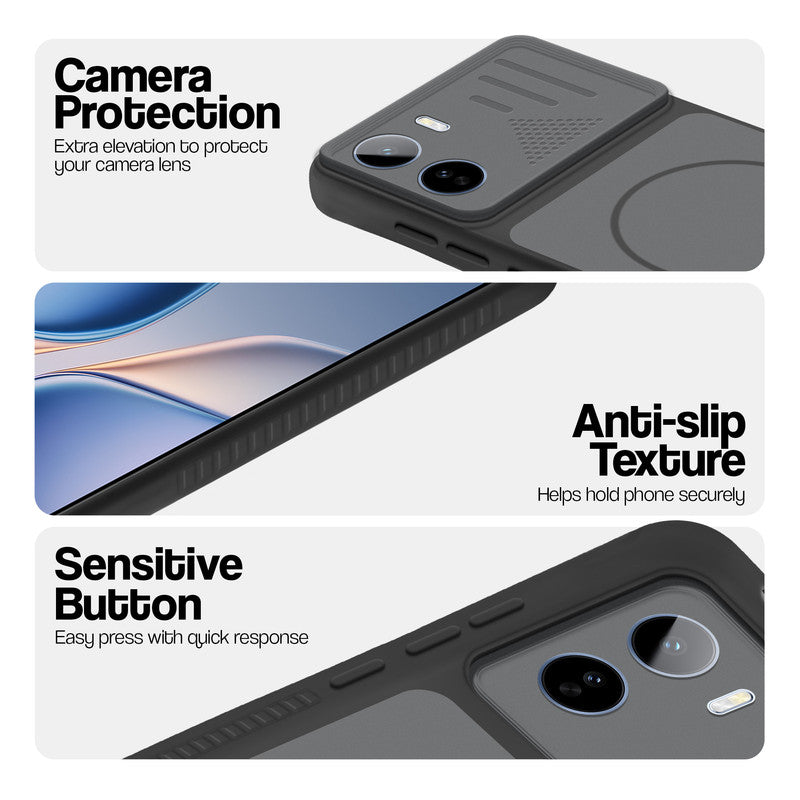 Black phone case for Vivo T5 Pro 5G showing camera safety edges, anti slip side grip and easy press button covers.