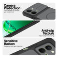 Black phone case for Vivo T5x 5G showing camera safety edges, anti slip side grip and easy press button covers.