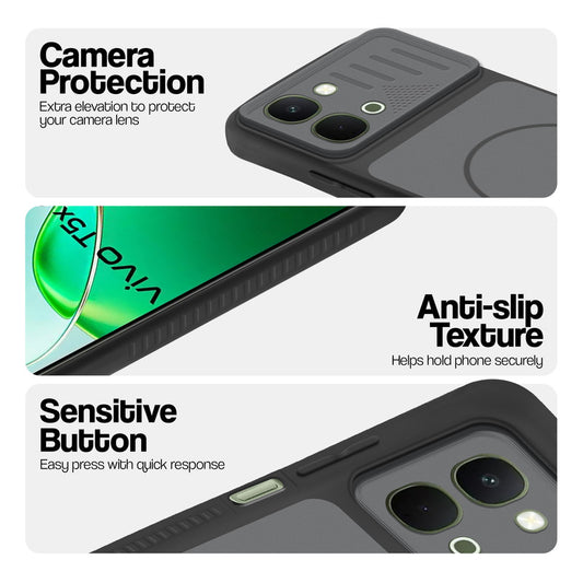 Black phone case for Vivo T5x 5G showing camera safety edges, anti slip side grip and easy press button covers.