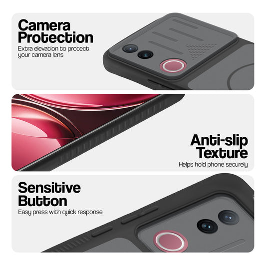 Black phone case for Vivo V50 5G showing camera safety edges, anti slip side grip and easy press button covers.