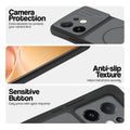 Black phone case for Vivo V60 5G showing camera safety edges, anti slip side grip and easy press button covers.