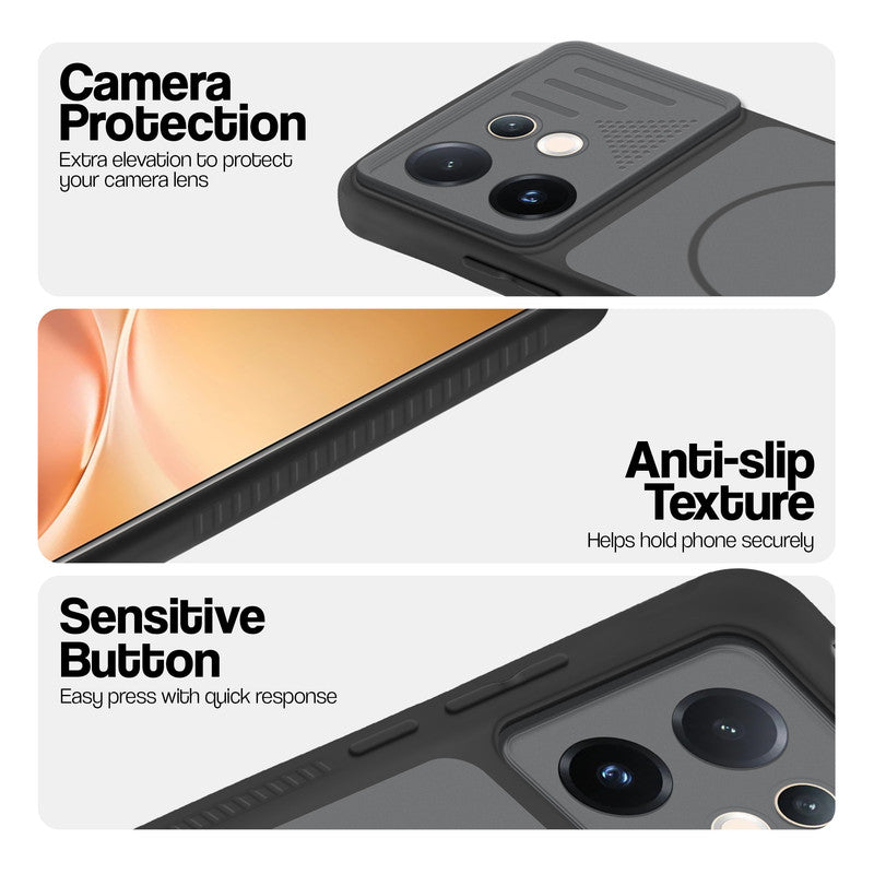 Black phone case for Vivo V60 5G showing camera safety edges, anti slip side grip and easy press button covers.
