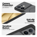 Black phone case for Vivo V60E 5G showing camera safety edges, anti slip side grip and easy press button covers.