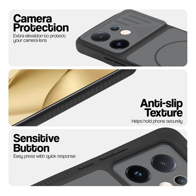 Black phone case for Vivo V60E 5G showing camera safety edges, anti slip side grip and easy press button covers.
