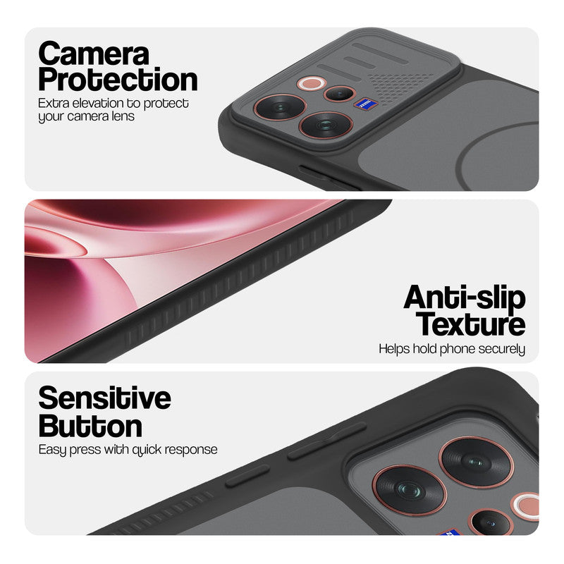 Black phone case for Vivo V70 5G showing camera safety edges, anti slip side grip and easy press button covers.