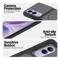 Black phone case for Vivo V70 FE 5G showing camera safety edges, anti slip side grip and easy press button covers.