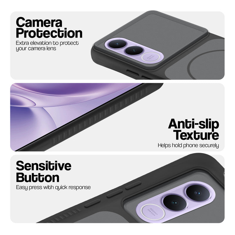 Black phone case for Vivo V70 FE 5G showing camera safety edges, anti slip side grip and easy press button covers.